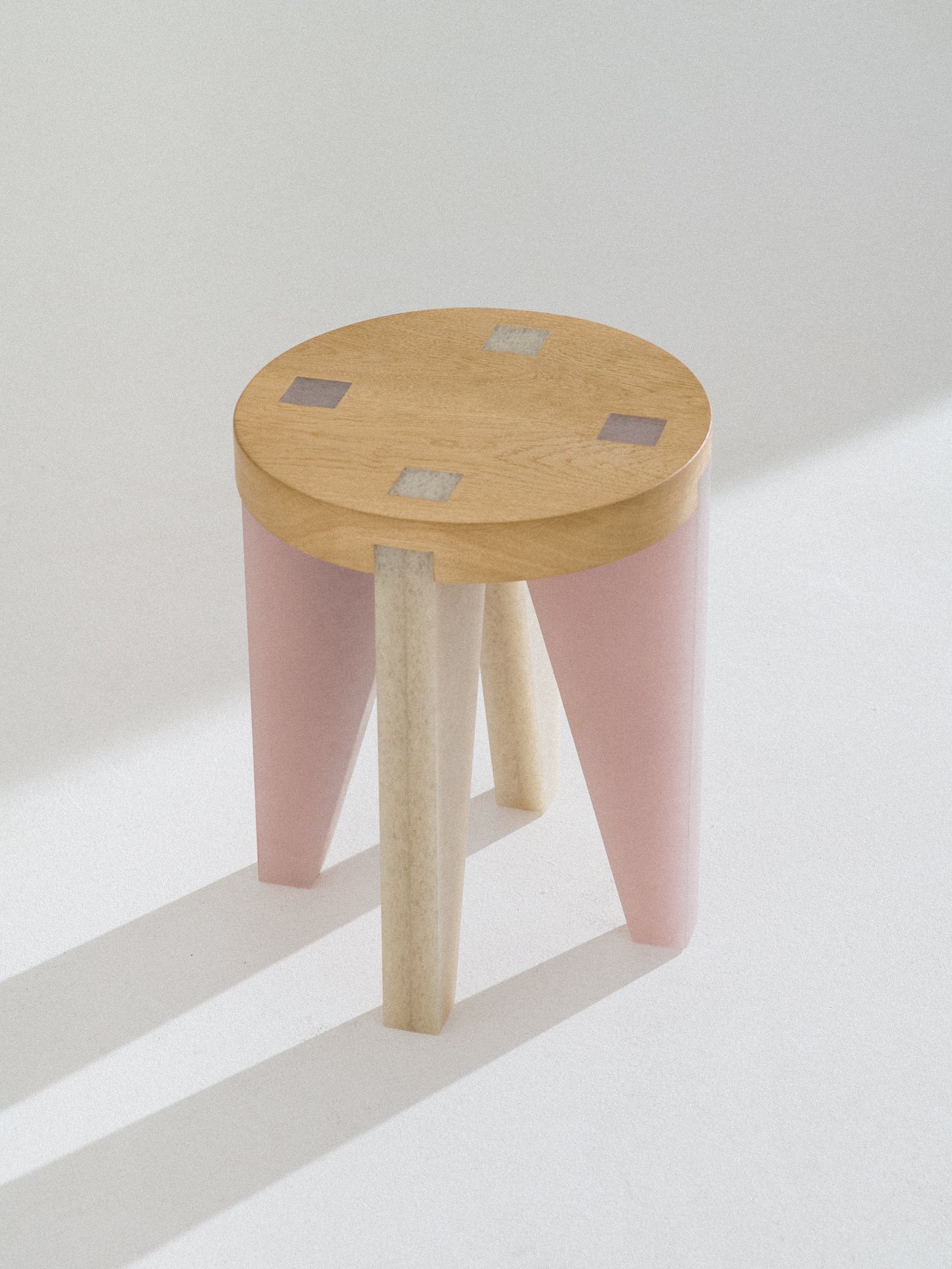 NANO Stool, oak seat with inlaid Karlite details on pink legs