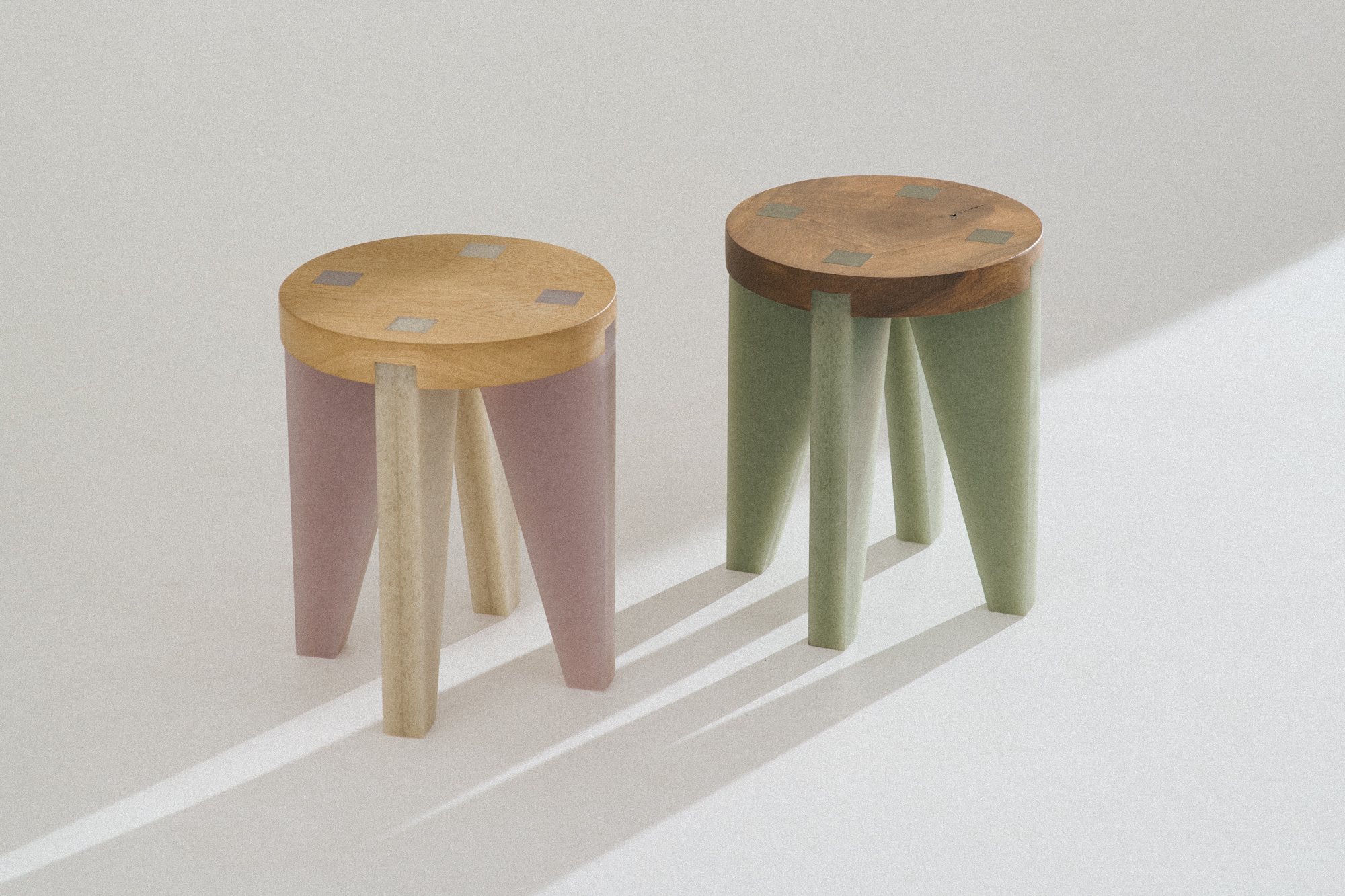 NANO Stools in two sizes: oak with pink legs and walnut with green legs