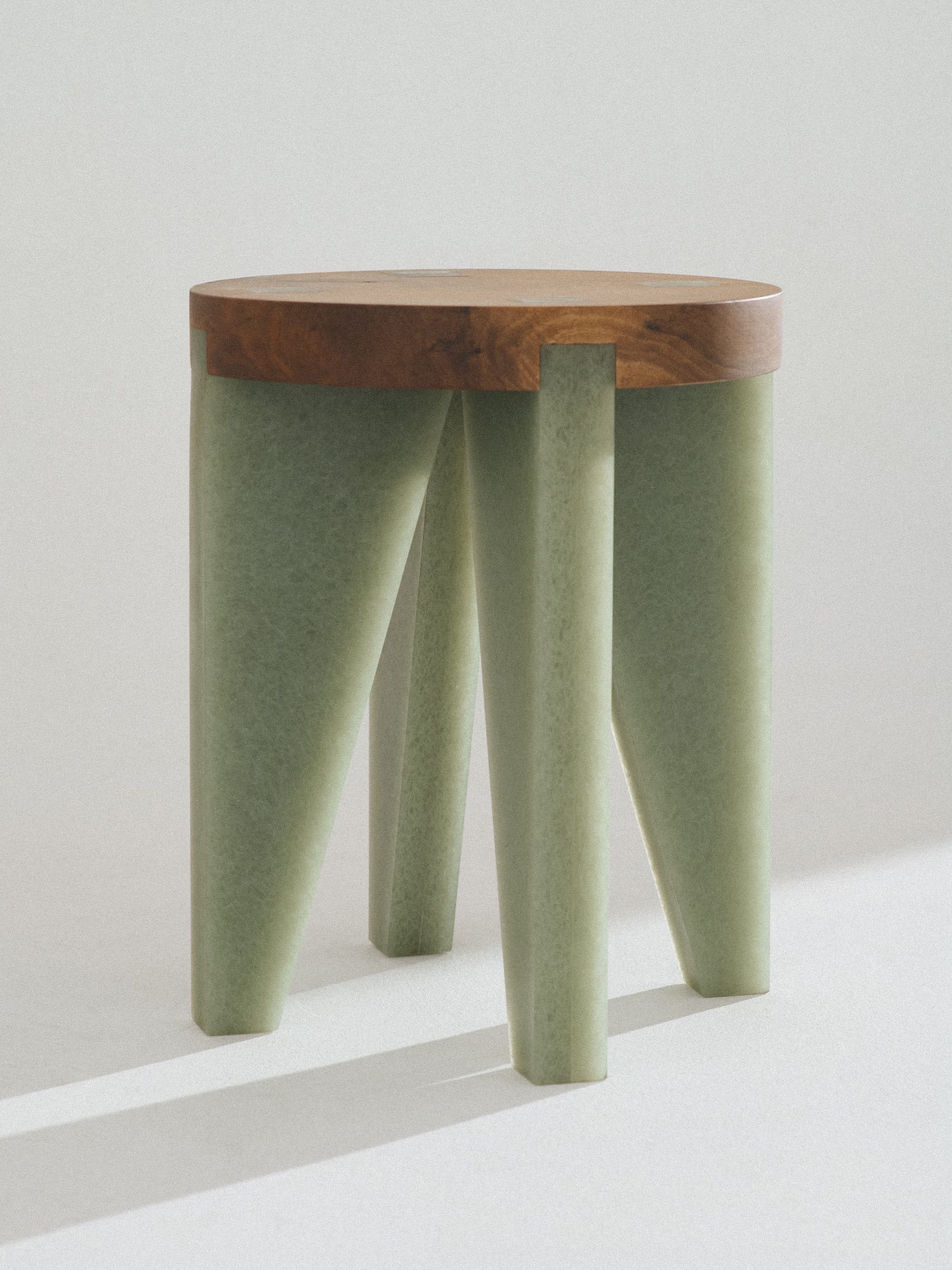 NANO Stool in walnut and green Karlite, side view